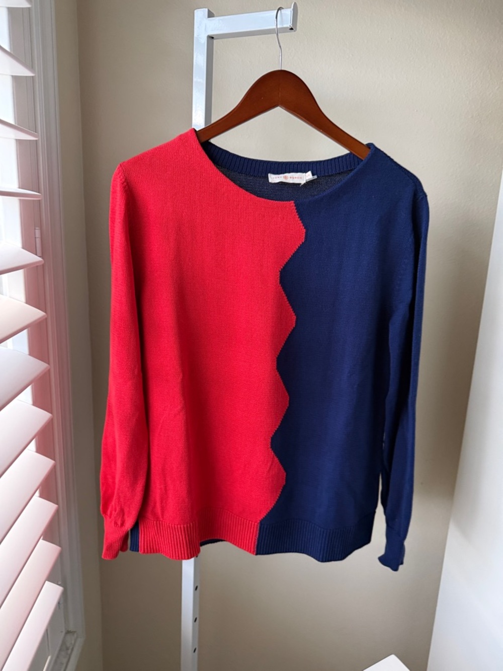 Tory Burch Red and Navy Colorblock Crew Neck Sweater